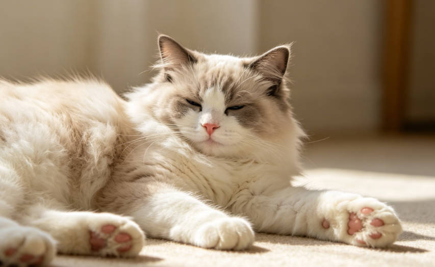 双色布偶猫粉嫩肉垫与水分充沛健康生机图示